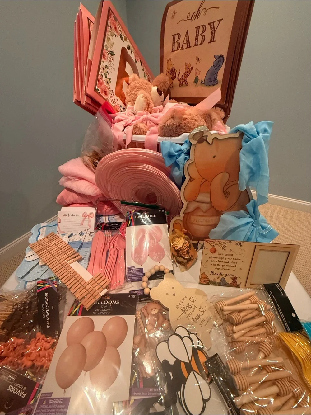 Baby Shower Decorations Lot- Pink Bear/Ribbon Theme and Winnie the Pooh theme